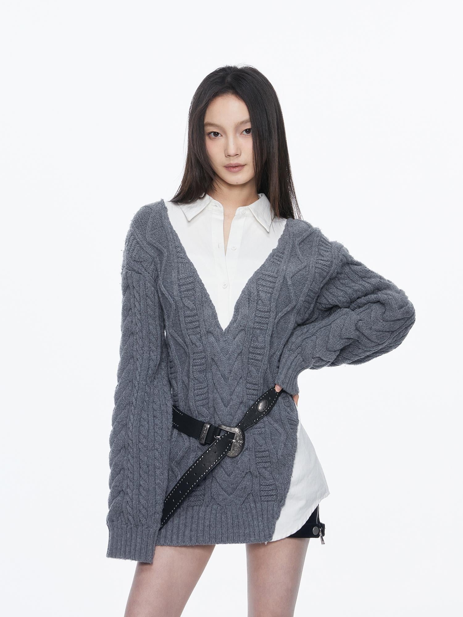 Kvkv Woolen Splicing Shirt Fake Two Sweaters 23