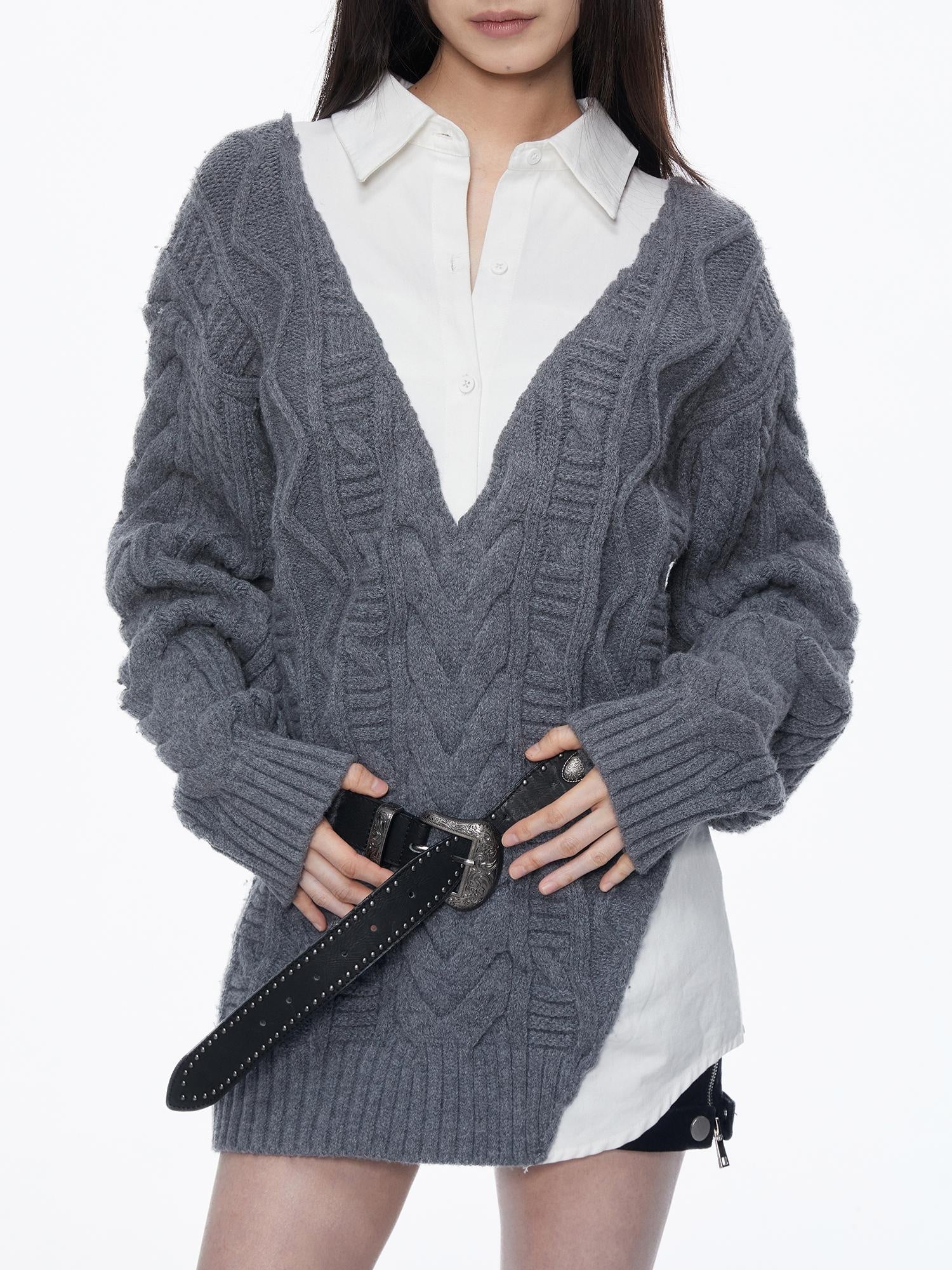 Kvkv Woolen Splicing Shirt Fake Two Sweaters 7