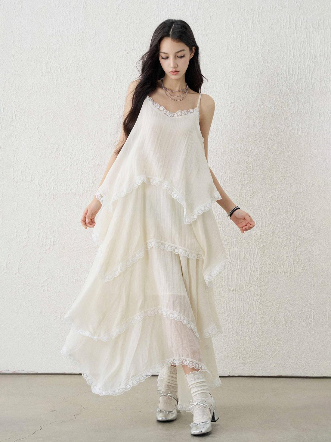 LADYGHOST Apricot Ethereal Spaghetti Strap Open Back Tiered Women&