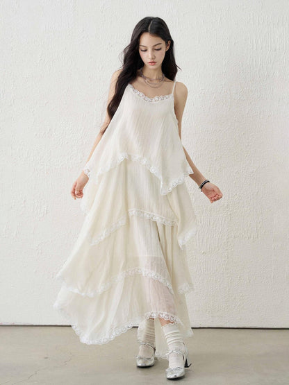 LADYGHOST Apricot Ethereal Spaghetti Strap Open Back Tiered Women&