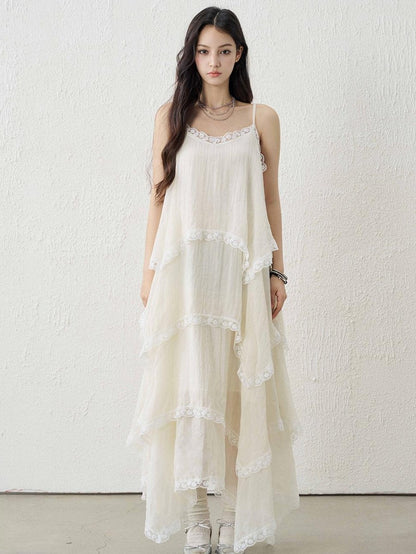 LADYGHOST Apricot Ethereal Spaghetti Strap Open Back Tiered Women&