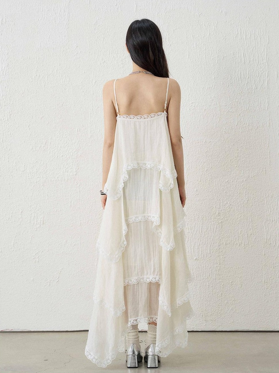 LADYGHOST Apricot Ethereal Spaghetti Strap Open Back Tiered Women&