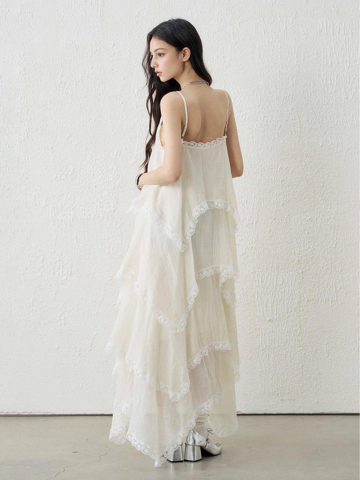 LADYGHOST Apricot Ethereal Spaghetti Strap Open Back Tiered Women&