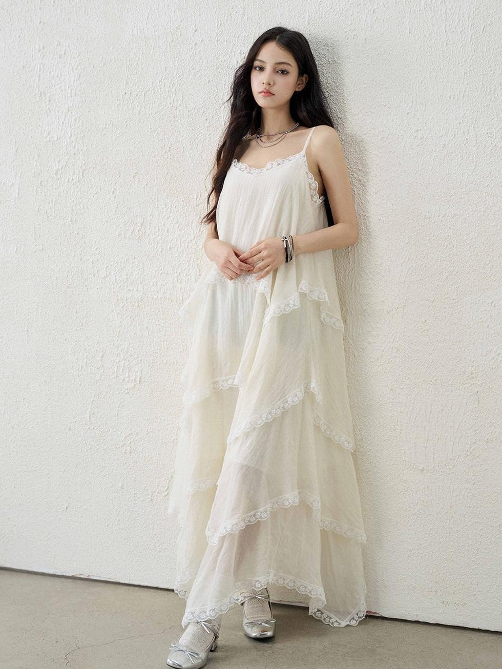 LADYGHOST Apricot Ethereal Spaghetti Strap Open Back Tiered Women&