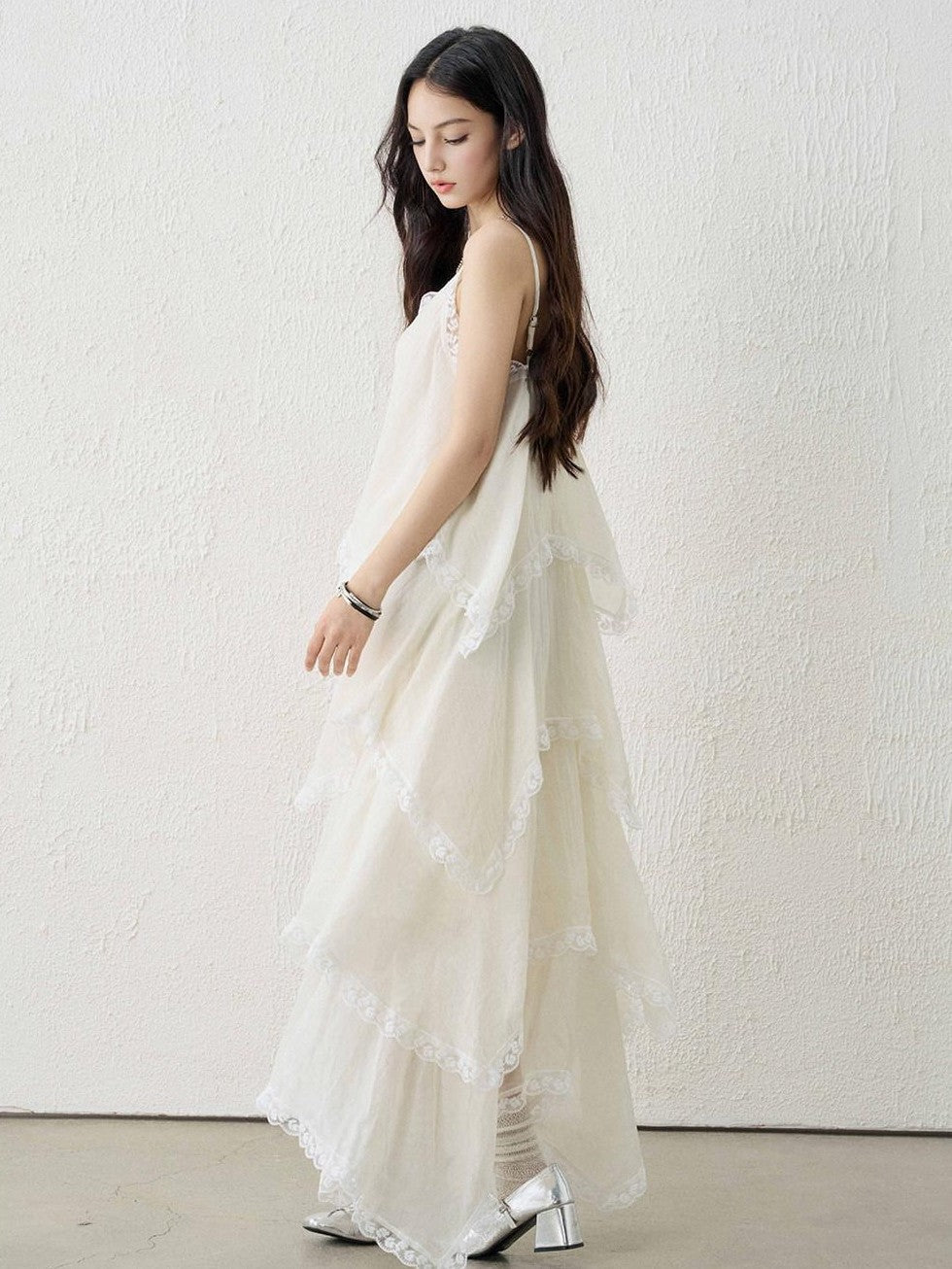 LADYGHOST Apricot Ethereal Spaghetti Strap Open Back Tiered Women&