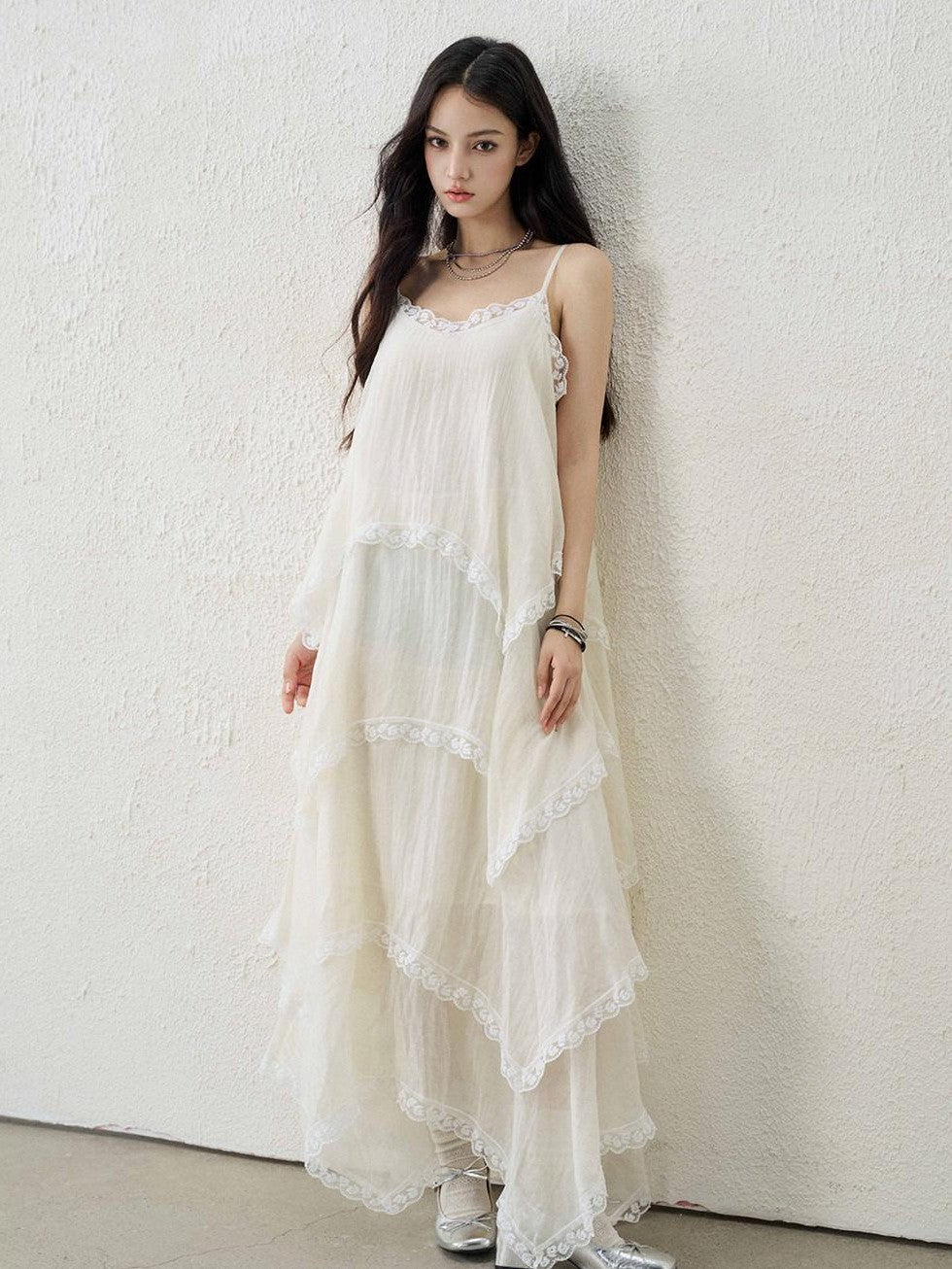 LADYGHOST Apricot Ethereal Spaghetti Strap Open Back Tiered Women&
