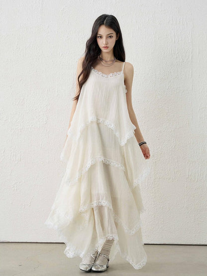 LADYGHOST Apricot Ethereal Spaghetti Strap Open Back Tiered Women&