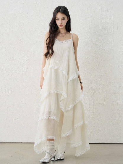 LADYGHOST Apricot Ethereal Spaghetti Strap Open Back Tiered Women&