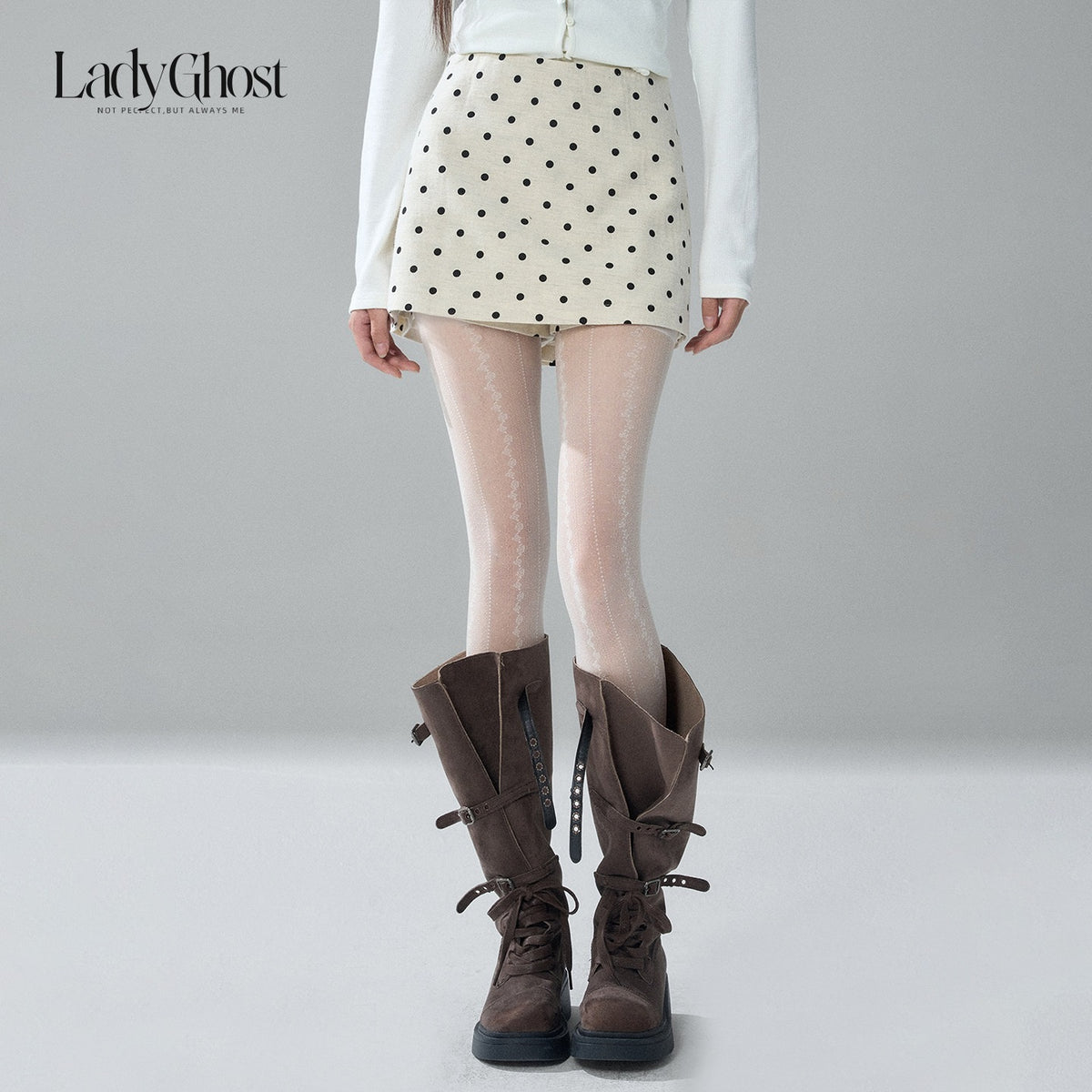 LADYGHOST_Apricot_Polka_Dot_Brushed_High_Waist_Bodycon_Women&