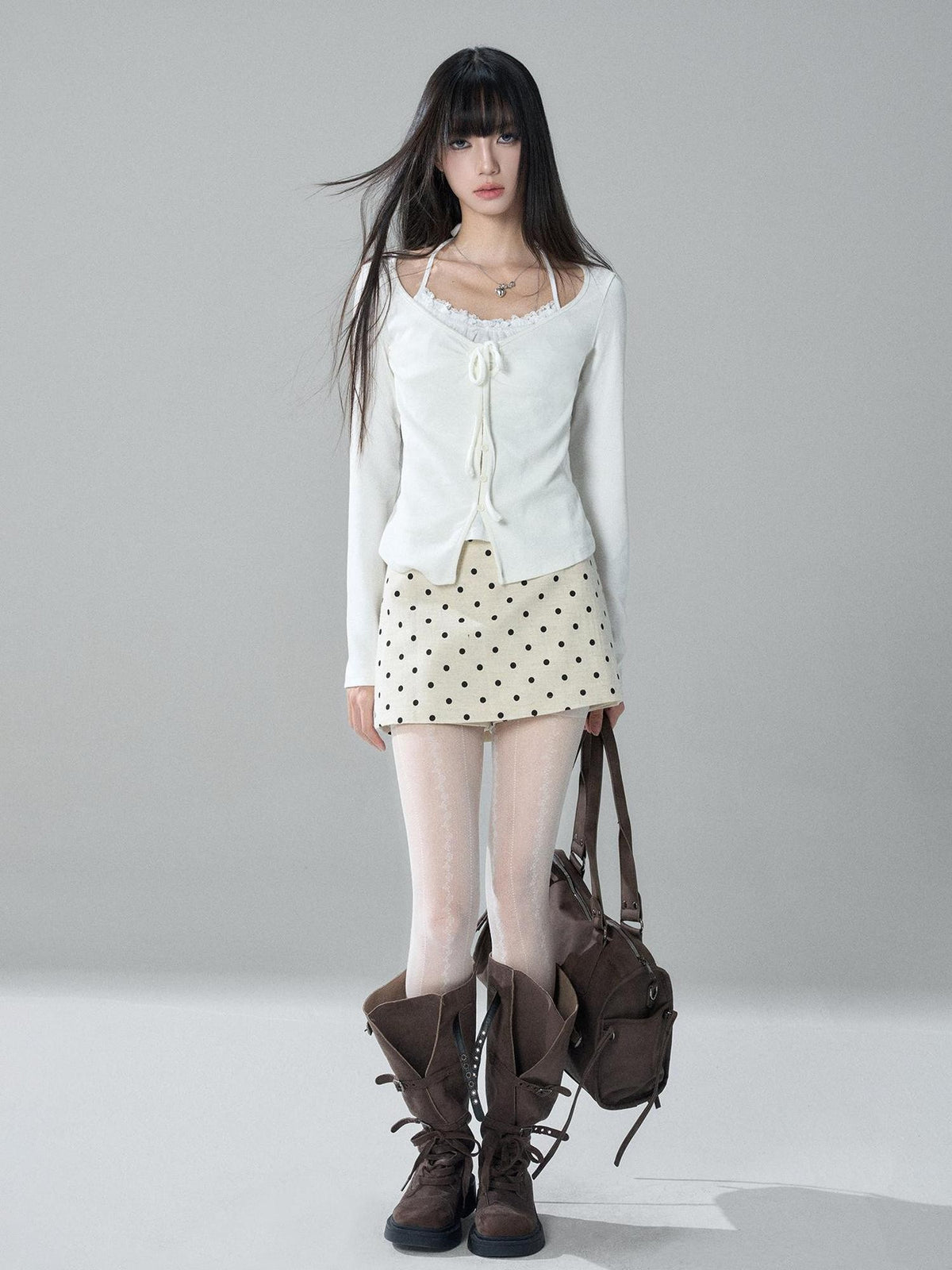 LADYGHOST Apricot Polka Dot Brushed High Waist Bodycon Women&