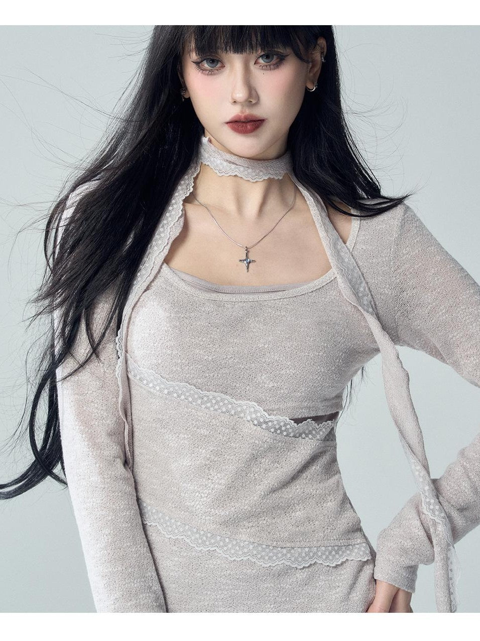 LADYGHOST Artistic Asymmetric Lace Patchwork Faux Layer Women&
