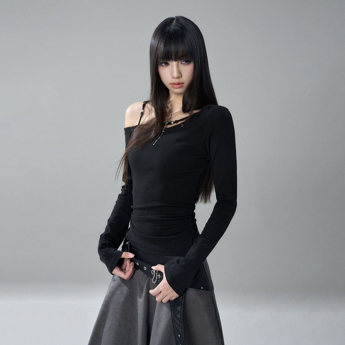 LADYGHOST_Asymmetrical_One_Shoulder_Ruched_Solid_Color_Cotton_Women&