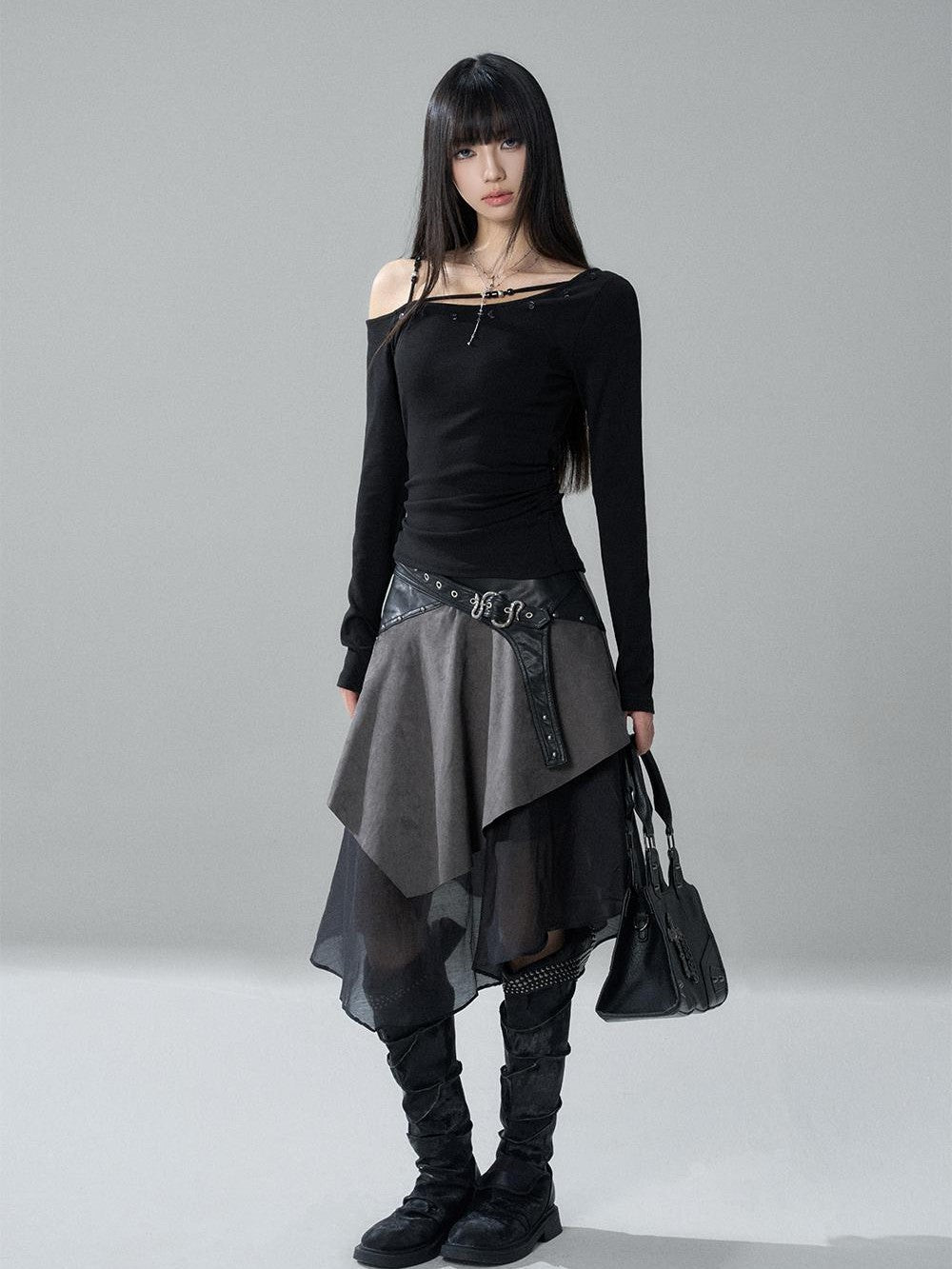 LADYGHOST Asymmetrical One Shoulder Ruched Solid Color Cotton Women&