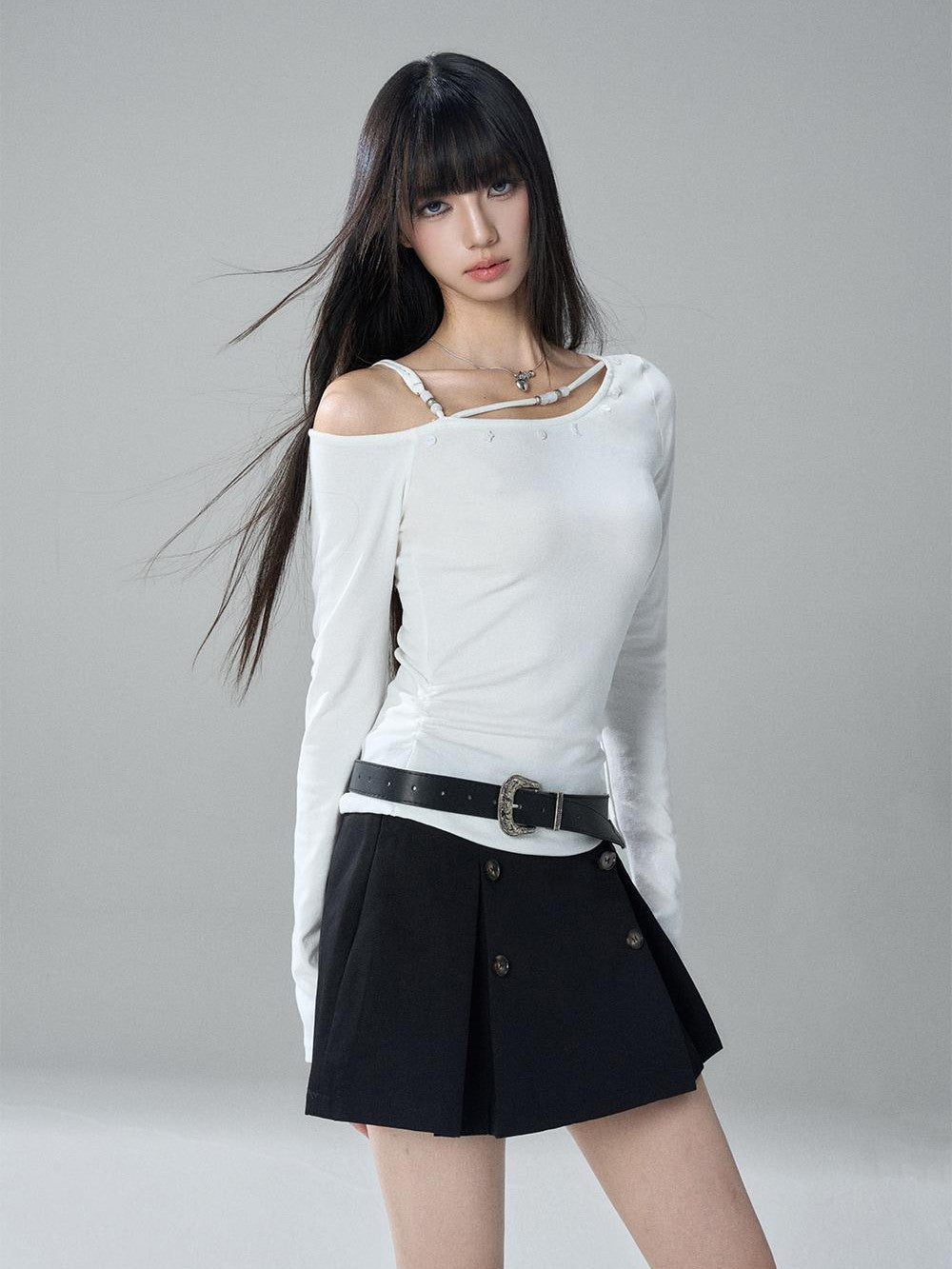 LADYGHOST Asymmetrical One Shoulder Ruched Solid Color Cotton Women&