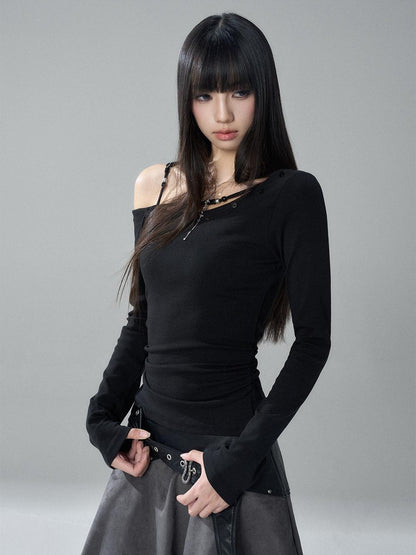 LADYGHOST Asymmetrical One Shoulder Ruched Solid Color Cotton Women&