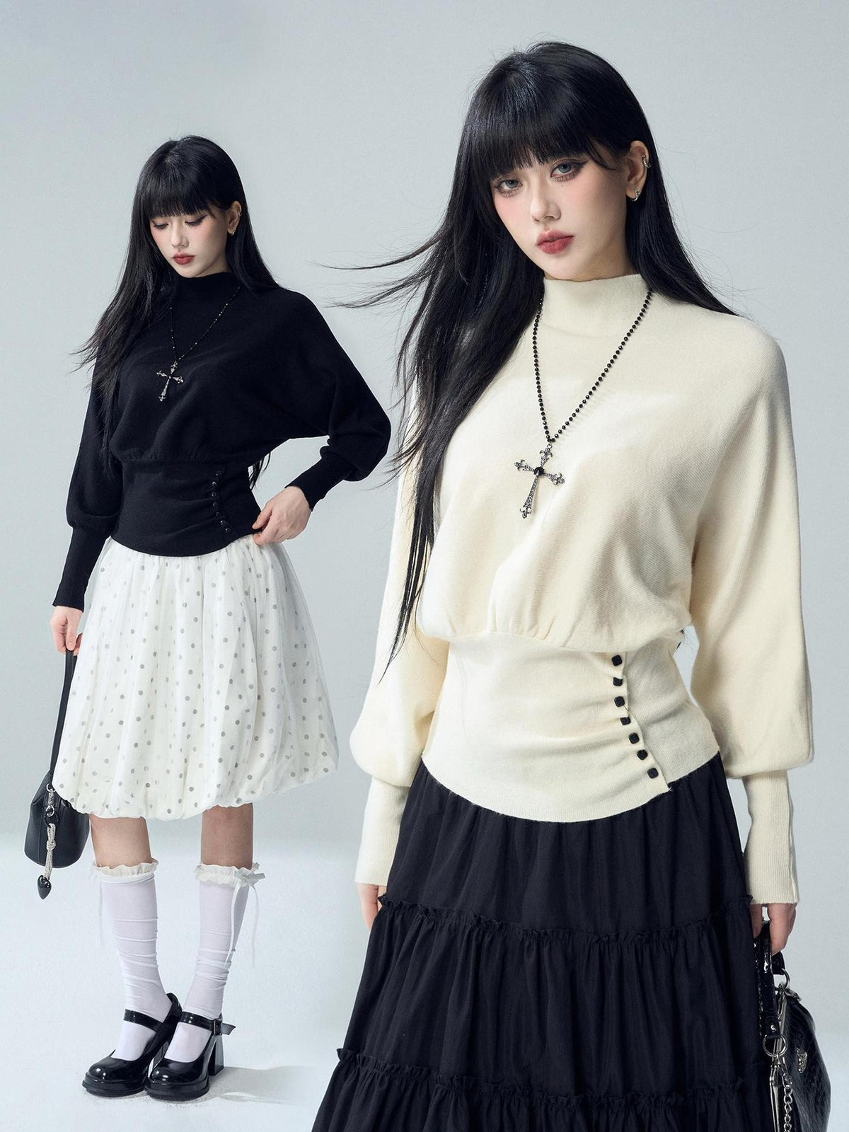 LADYGHOST Batwing Sleeve Plain Knit Cinched Waist Women&