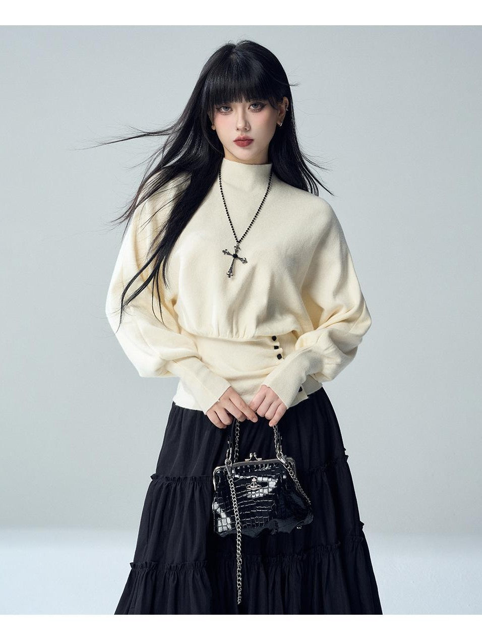 LADYGHOST Batwing Sleeve Plain Knit Cinched Waist Women&