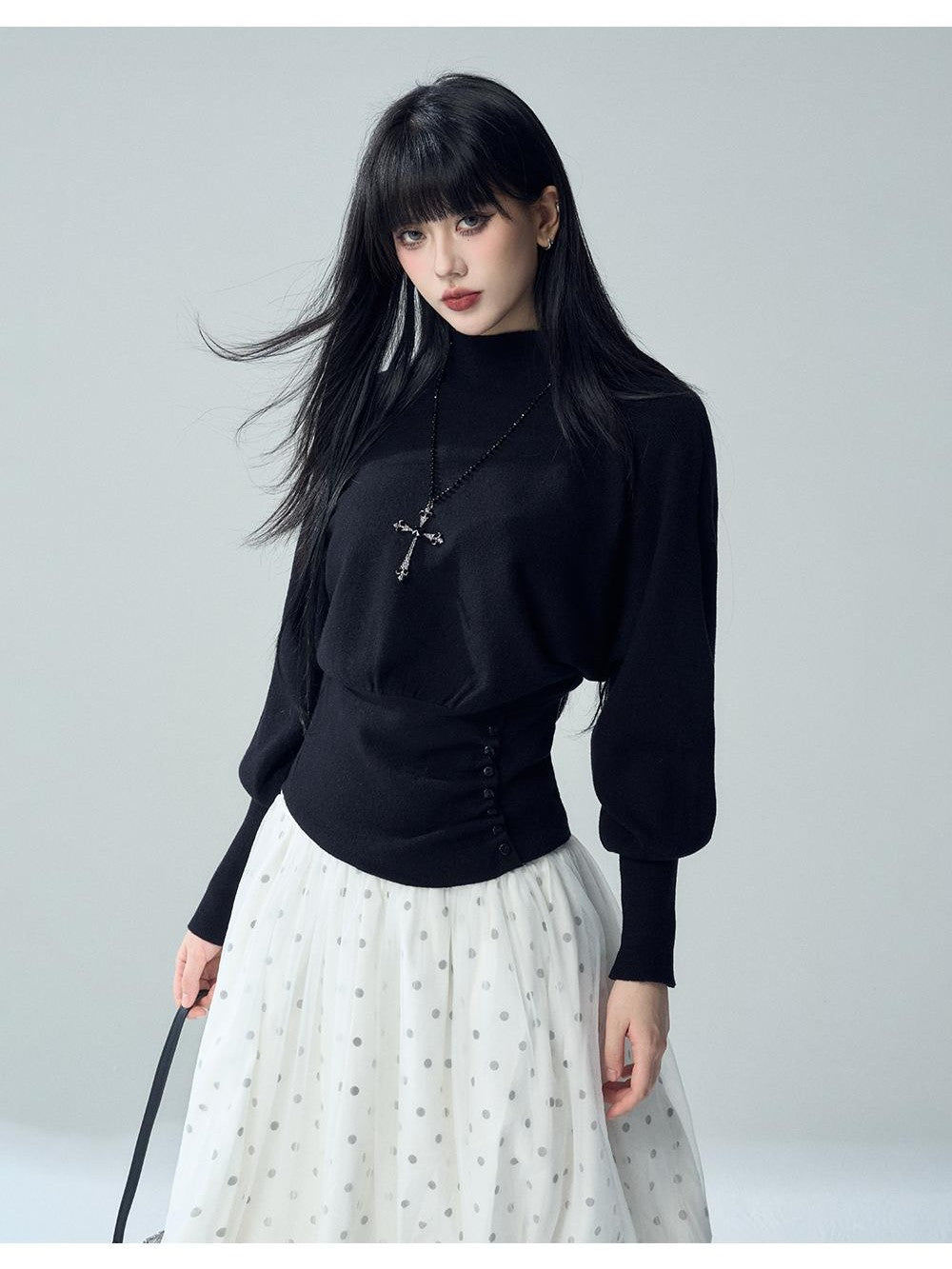 LADYGHOST Batwing Sleeve Plain Knit Cinched Waist Women&