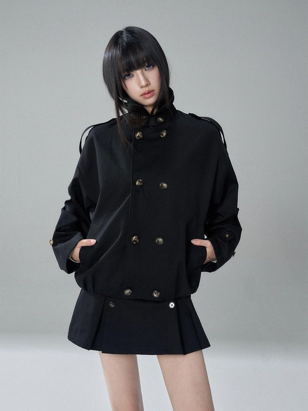 LADYGHOST Black Cropped Double Breasted Straight Fit Long Sleeve Women&