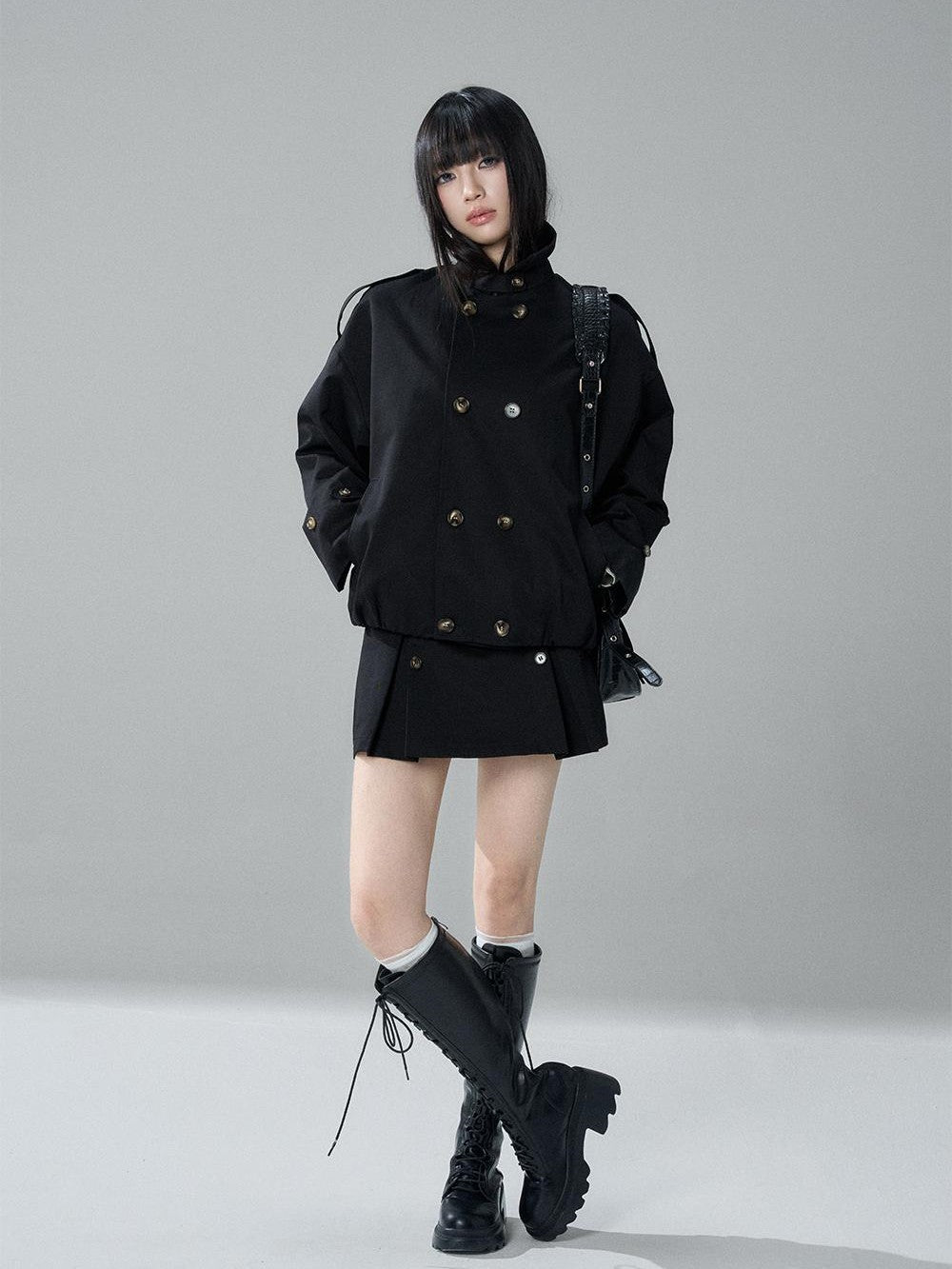 LADYGHOST Black Cropped Double Breasted Straight Fit Long Sleeve Women&