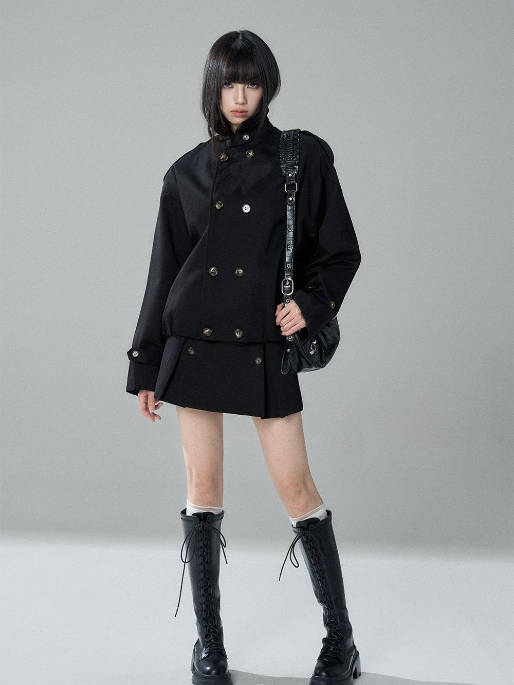 LADYGHOST Black Cropped Double Breasted Straight Fit Long Sleeve Women&