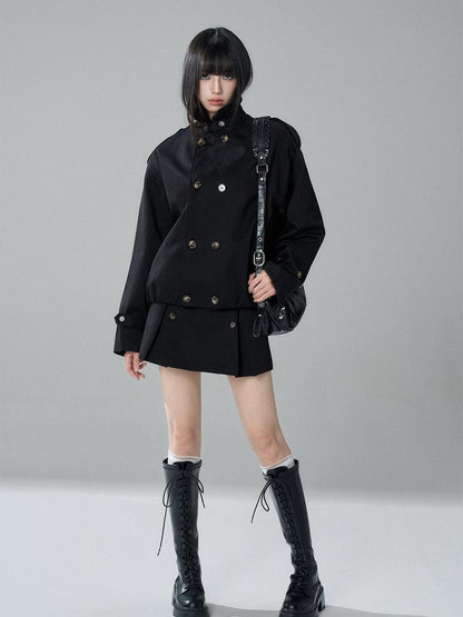 LADYGHOST Black Cropped Double Breasted Straight Fit Long Sleeve Women&