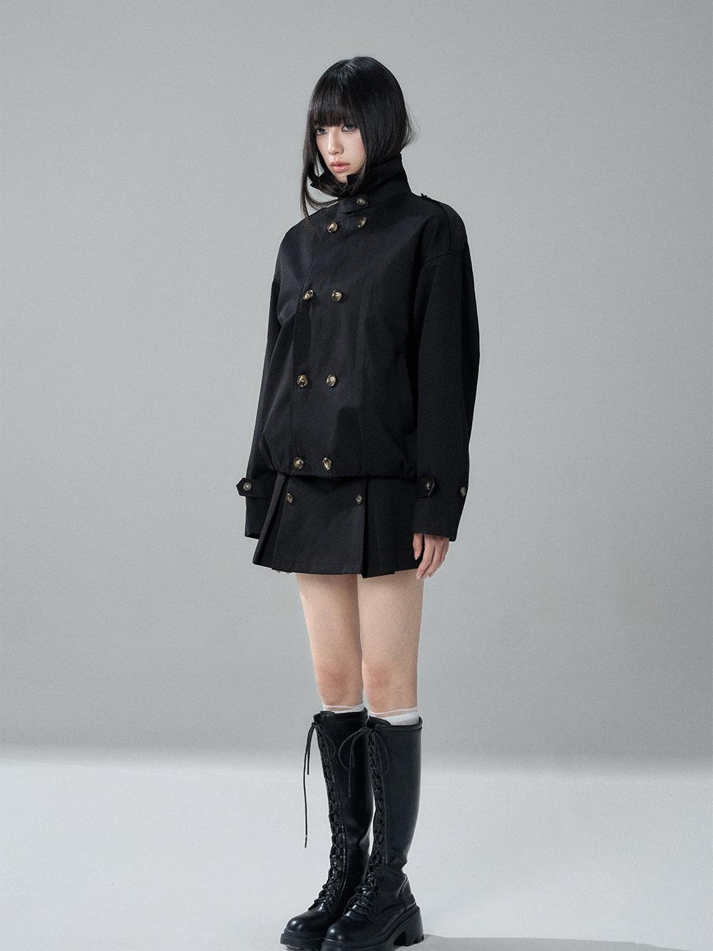 LADYGHOST Black Cropped Double Breasted Straight Fit Long Sleeve Women&
