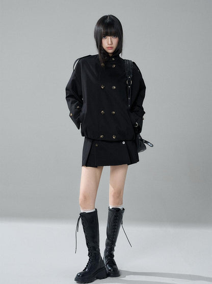 LADYGHOST Black Cropped Double Breasted Straight Fit Long Sleeve Women&