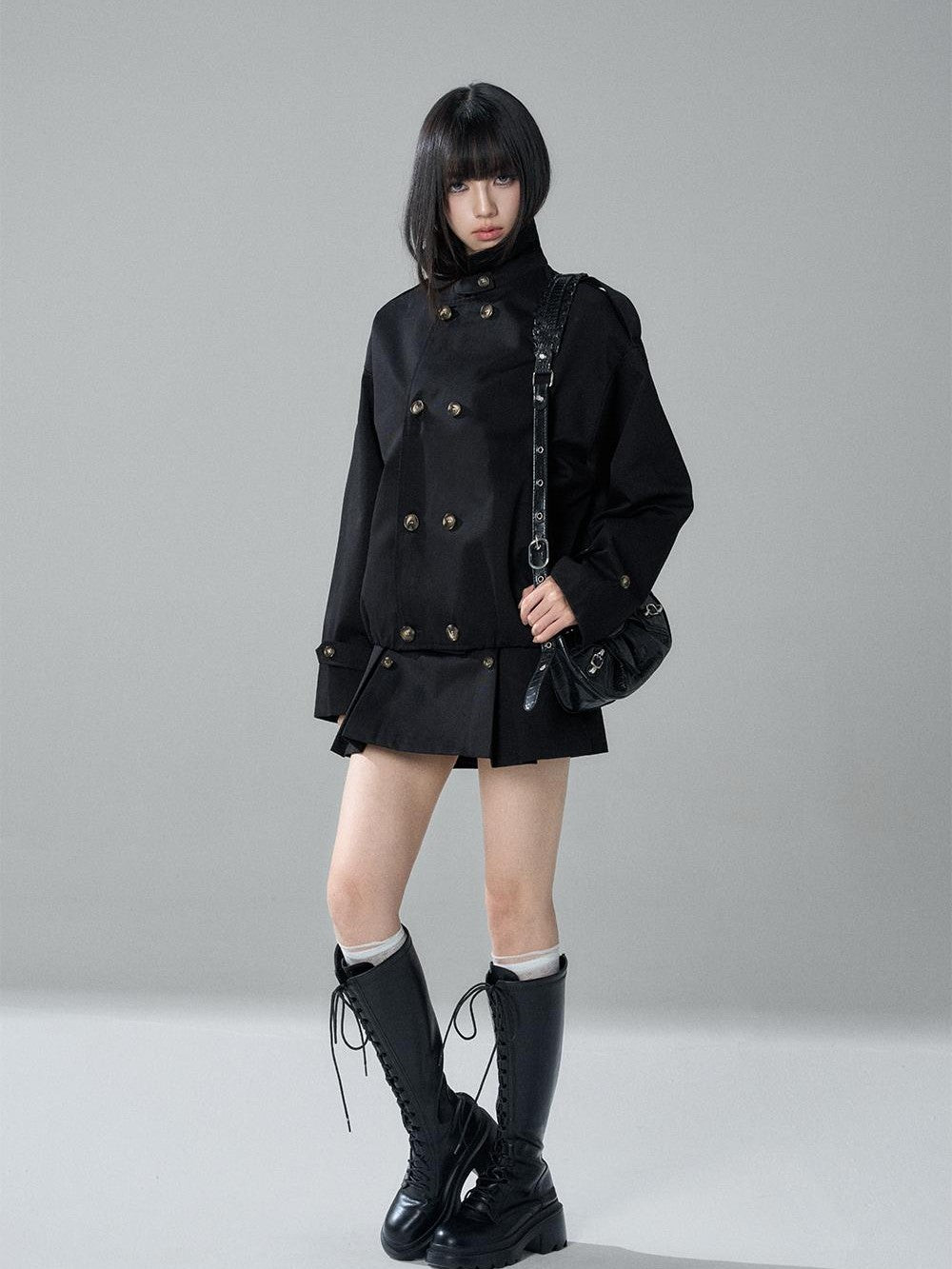 LADYGHOST Black Cropped Double Breasted Straight Fit Long Sleeve Women&