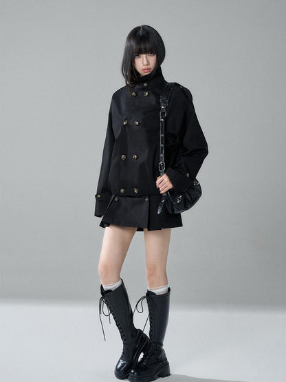 LADYGHOST Black Cropped Double Breasted Straight Fit Long Sleeve Women&