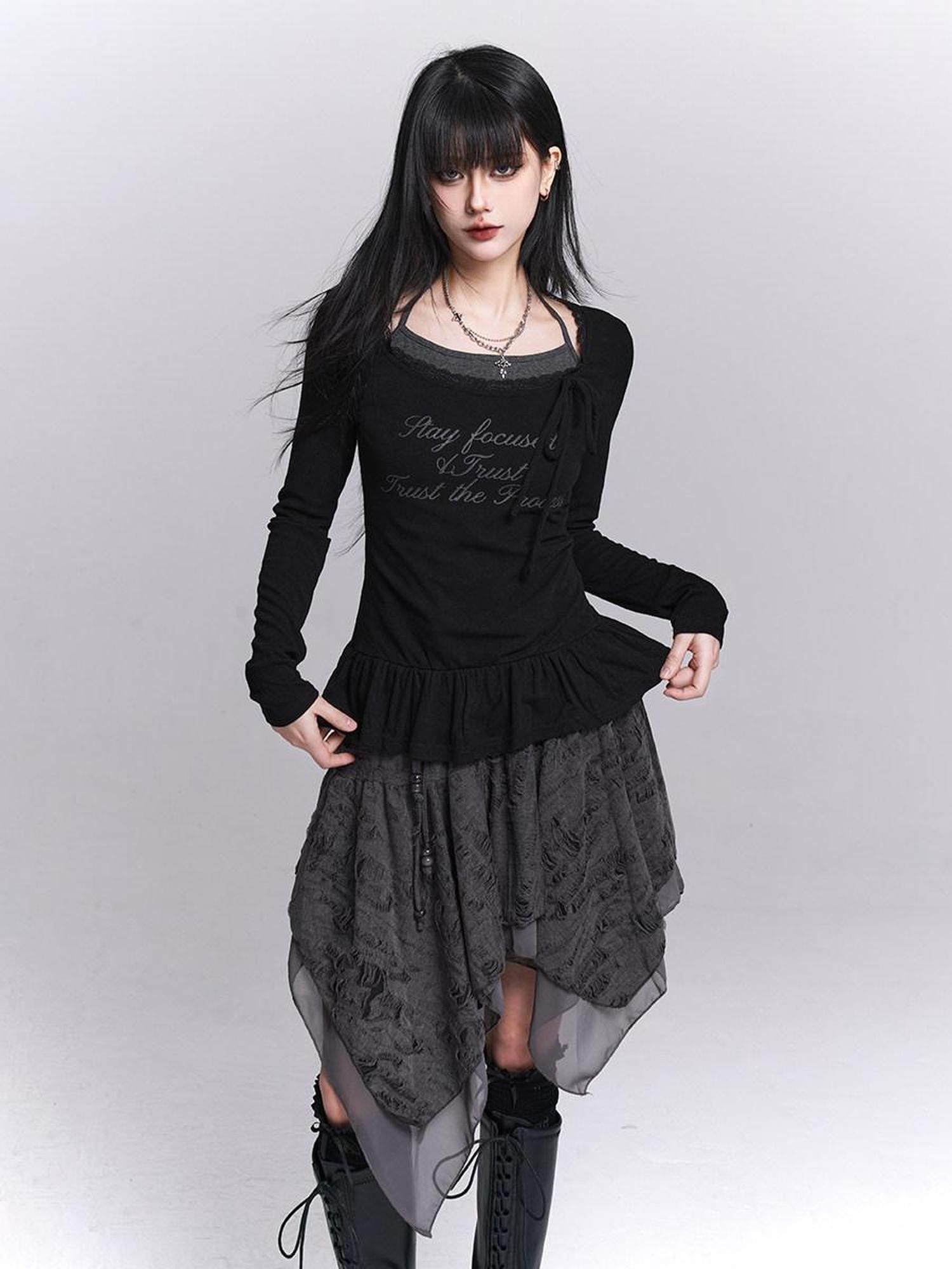 LADYGHOST Black Ghost Girl Halter Neck Faux Two Piece Women&