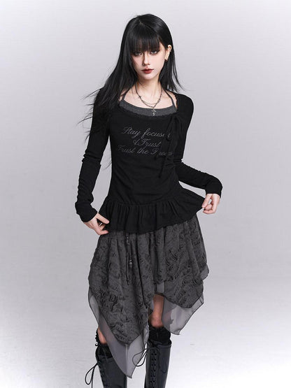 LADYGHOST Black Ghost Girl Halter Neck Faux Two Piece Women&