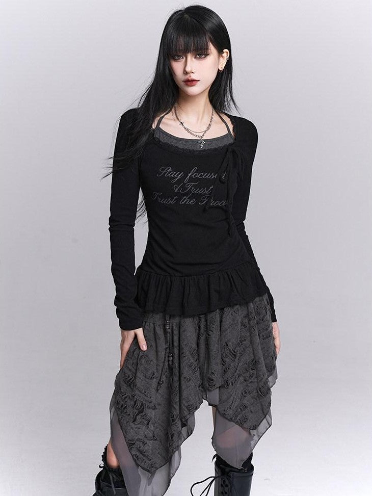 LADYGHOST Black Ghost Girl Halter Neck Faux Two Piece Women&