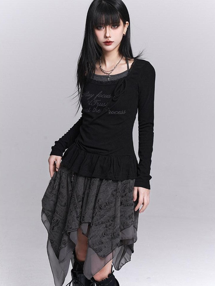 LADYGHOST Black Ghost Girl Halter Neck Faux Two Piece Women&
