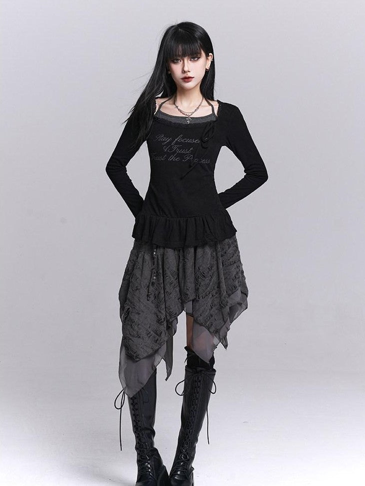 LADYGHOST Black Ghost Girl Halter Neck Faux Two Piece Women&