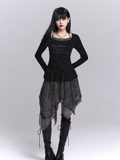 LADYGHOST Black Ghost Girl Halter Neck Faux Two Piece Women&