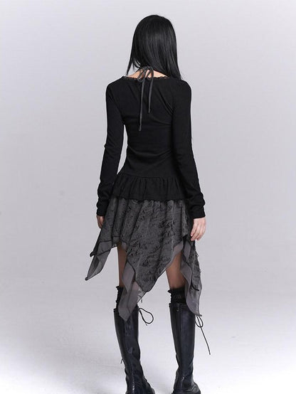 LADYGHOST Black Ghost Girl Halter Neck Faux Two Piece Women&