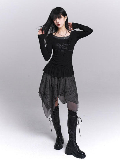 LADYGHOST Black Ghost Girl Halter Neck Faux Two Piece Women&