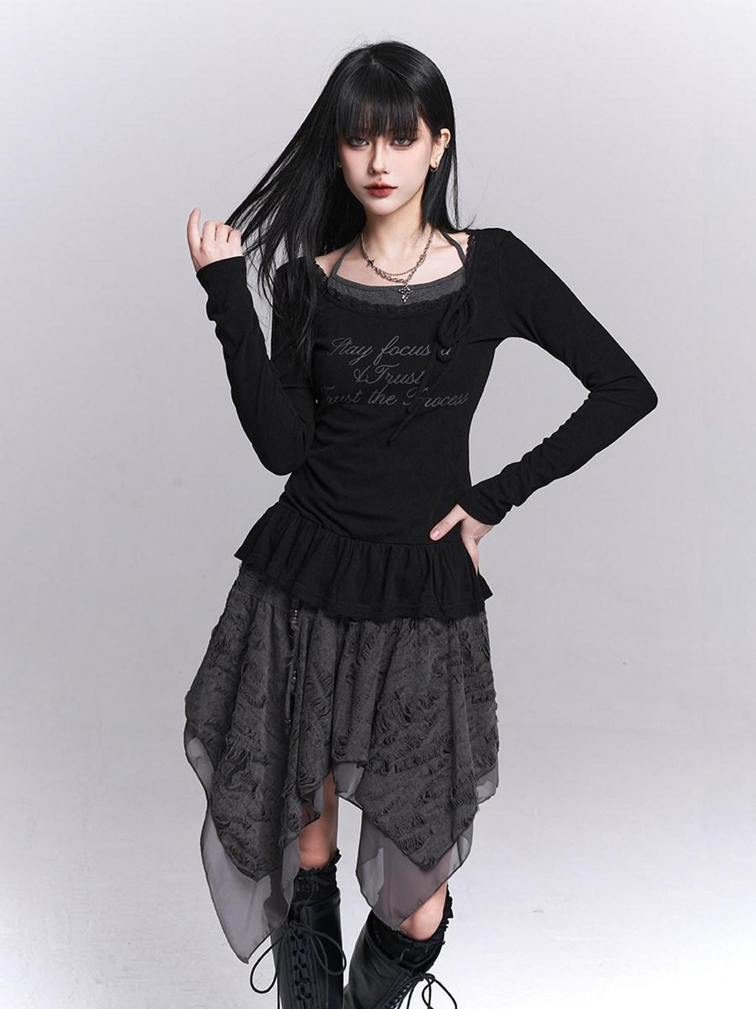 LADYGHOST Black Ghost Girl Halter Neck Faux Two Piece Women&