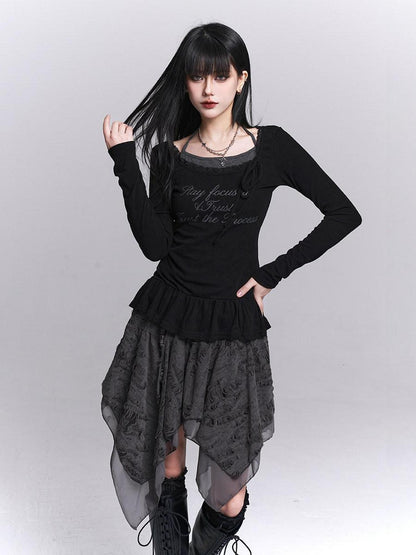 LADYGHOST Black Ghost Girl Halter Neck Faux Two Piece Women&