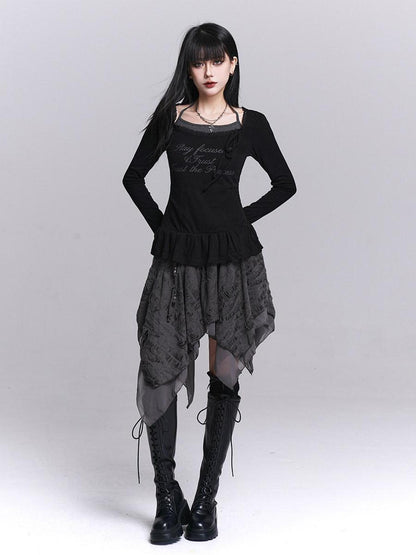 LADYGHOST Black Ghost Girl Halter Neck Faux Two Piece Women&