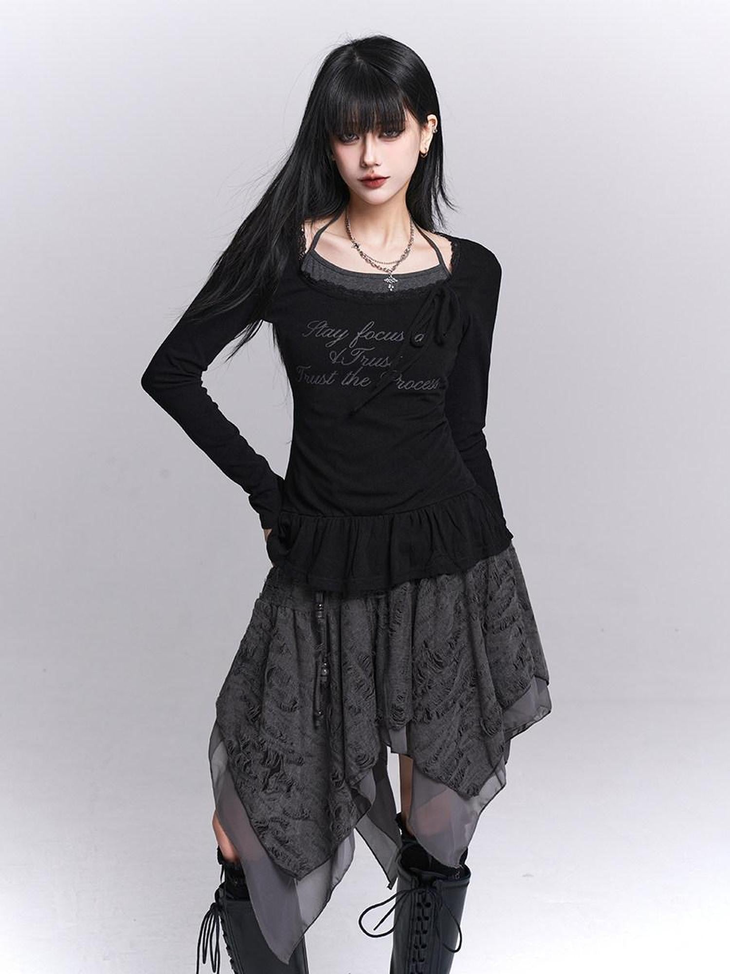 LADYGHOST Black Ghost Girl Halter Neck Faux Two Piece Women&