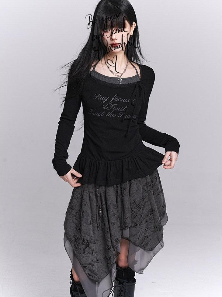 LADYGHOST Black Ghost Girl Halter Neck Faux Two Piece Women&