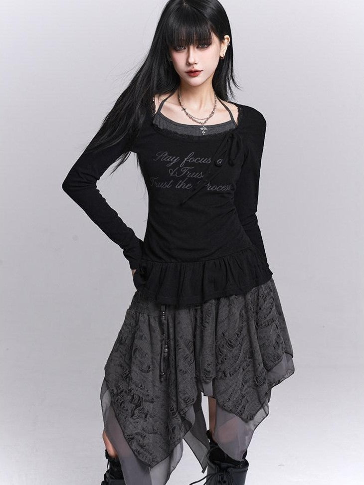 LADYGHOST Black Ghost Girl Halter Neck Faux Two Piece Women&