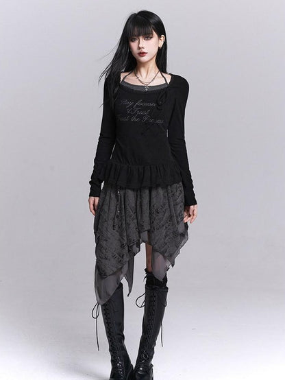 LADYGHOST Black Ghost Girl Halter Neck Faux Two Piece Women&