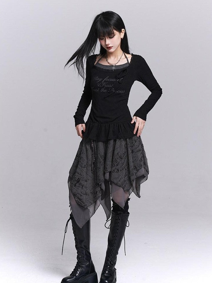 LADYGHOST Black Ghost Girl Halter Neck Faux Two Piece Women&