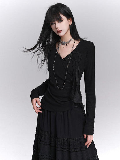 LADYGHOST Black Ghost Girl Print Slim V-neck Women&