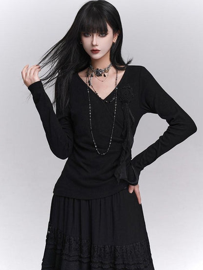 LADYGHOST Black Ghost Girl Print Slim V-neck Women&