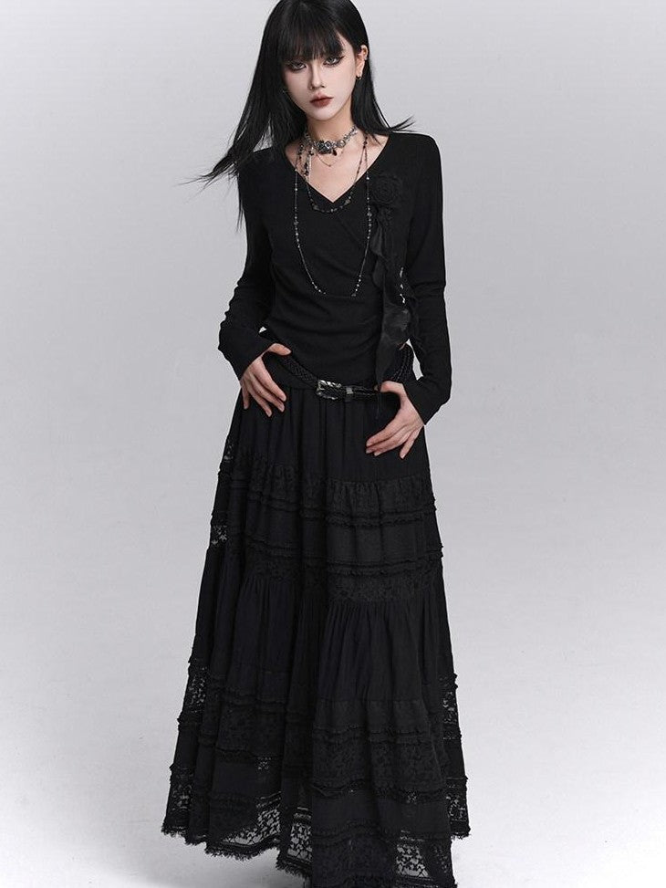LADYGHOST Black Ghost Girl Print Slim V-neck Women&