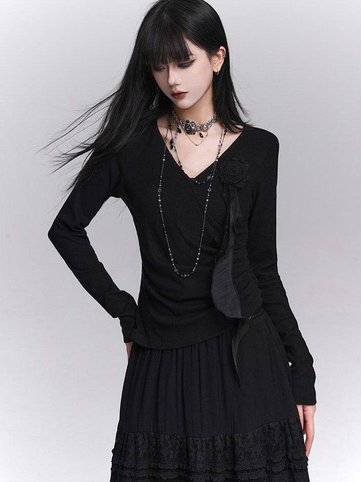 LADYGHOST Black Ghost Girl Print Slim V-neck Women&